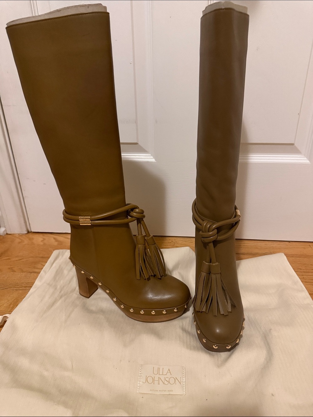 Ulla Johnson Olive-Tan Leather Knee-High Tassel Boots